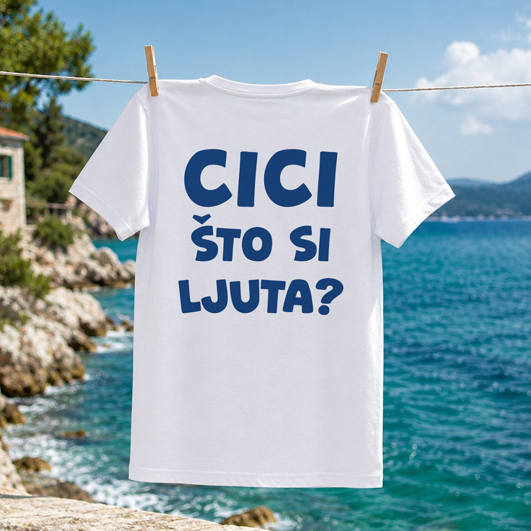 Bela pamučna majica sa plavim tekstom Cici što si ljuta