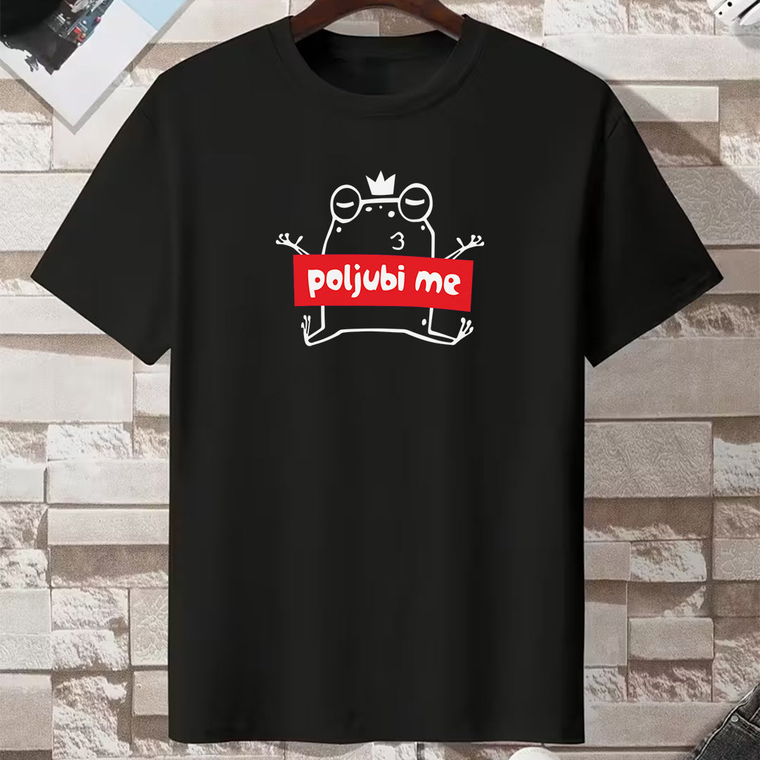 Zenska pamucna majica u crnoj boji sa ilustracijom zabe i tekstom Poljubi me