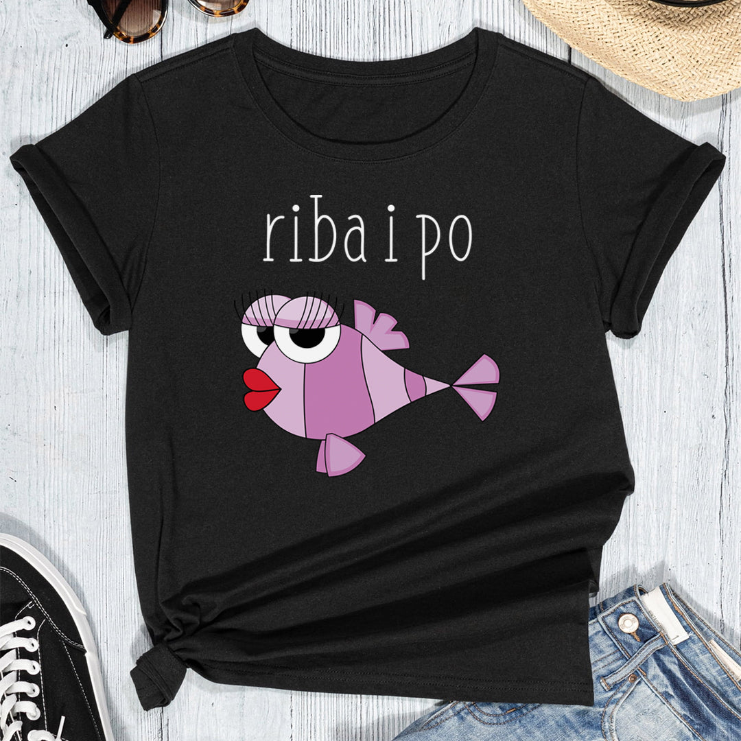 Crna majica sa tekstom Riba i po