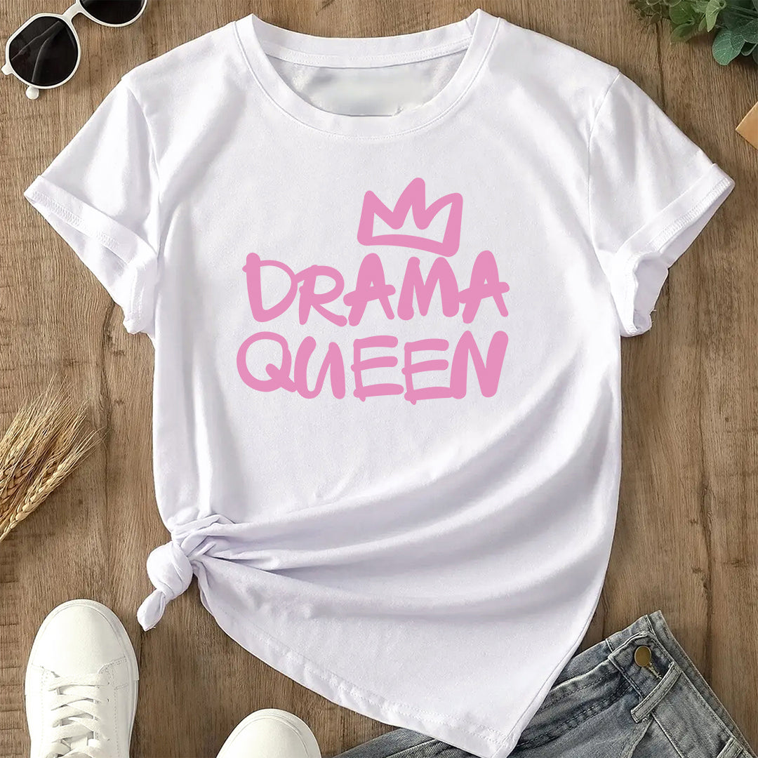 Ženska bela pamučna majica Drama Queen sa roze krunom i natpisom