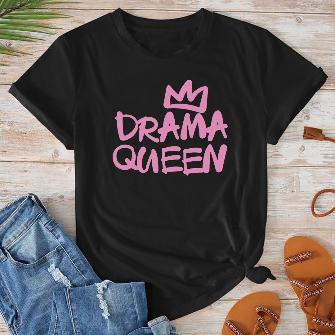 Ženska crna pamučna majica Drama Queen sa roze krunom i natpisom