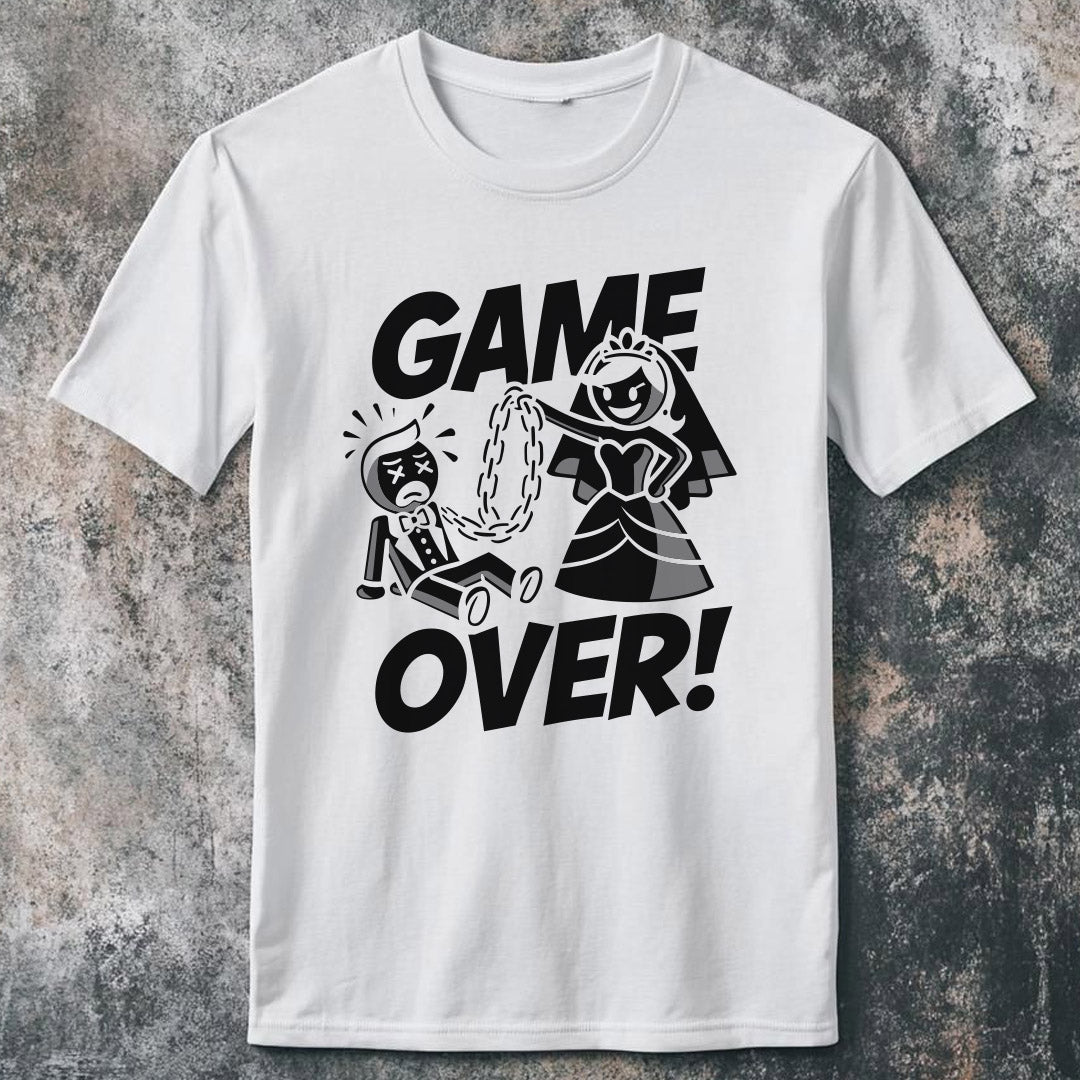 Bela Game Over majica za mladoženju sa smešnim motivom venčanja