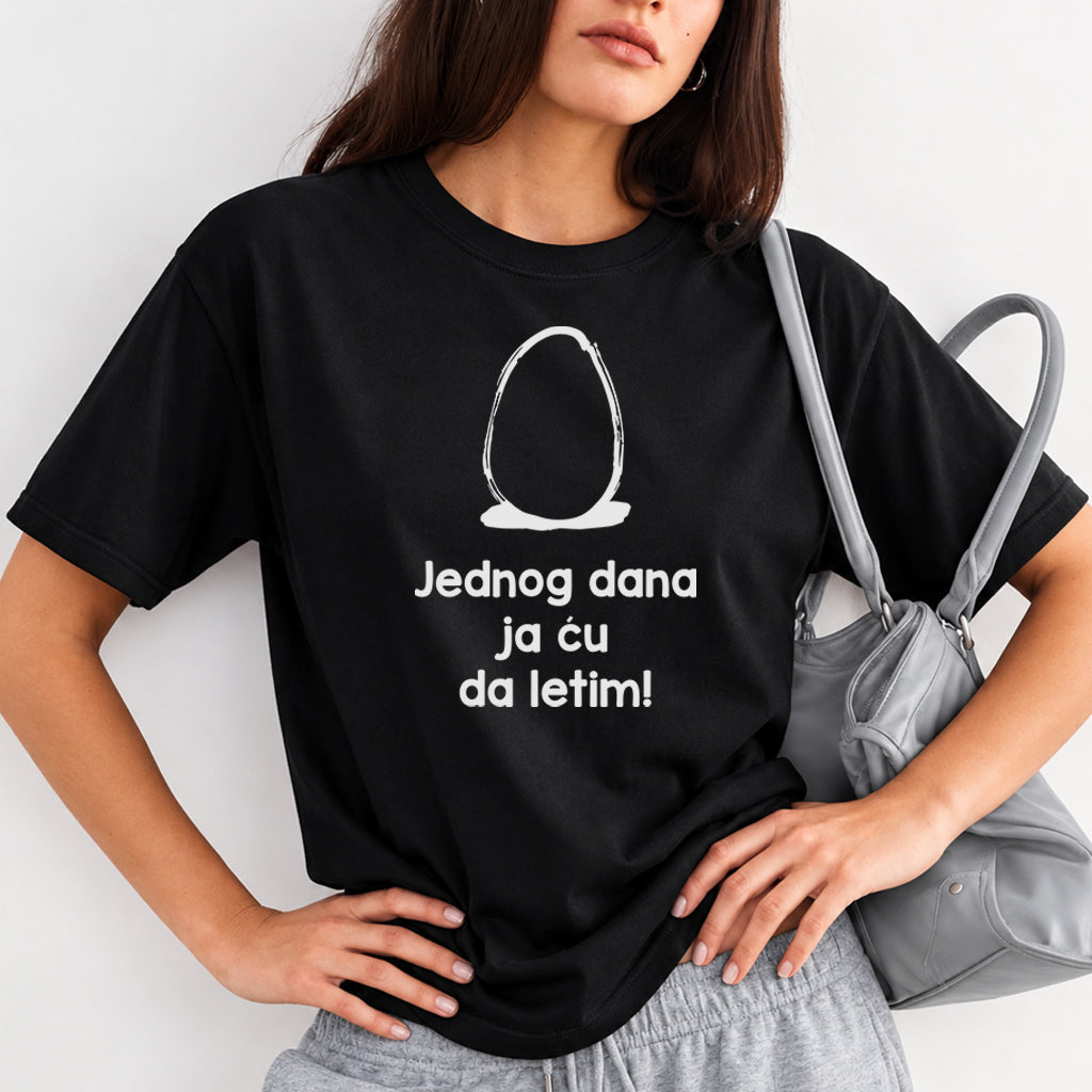Ženska crna pamučna majica sa natpisom Jednog dana ja ću da letim i motivom jajeta