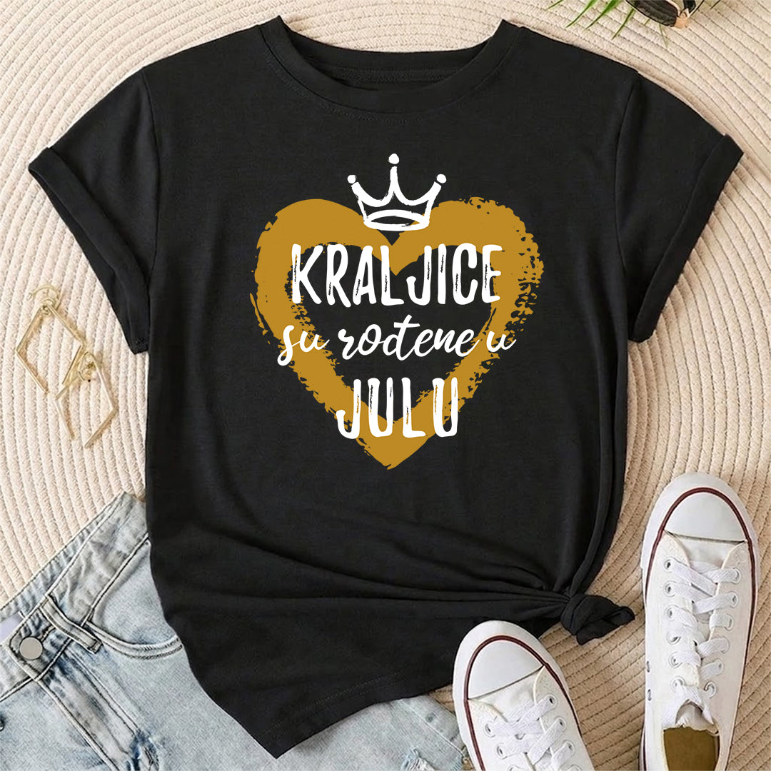 Crna ženska pamučna majica sa zlatnim srcem i natpisom Kraljice su rođene u julu