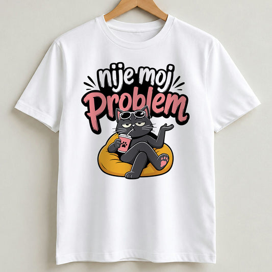 Bela pamučna majica sa printom crne mačke u fotelji i natpisom „Nije moj problem“