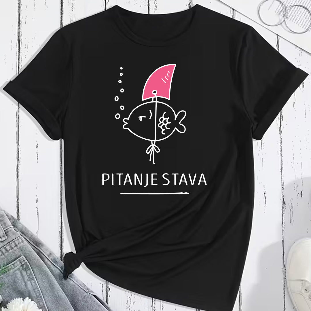 crna majica sa ilustracijom i tekstom pitanje stava
