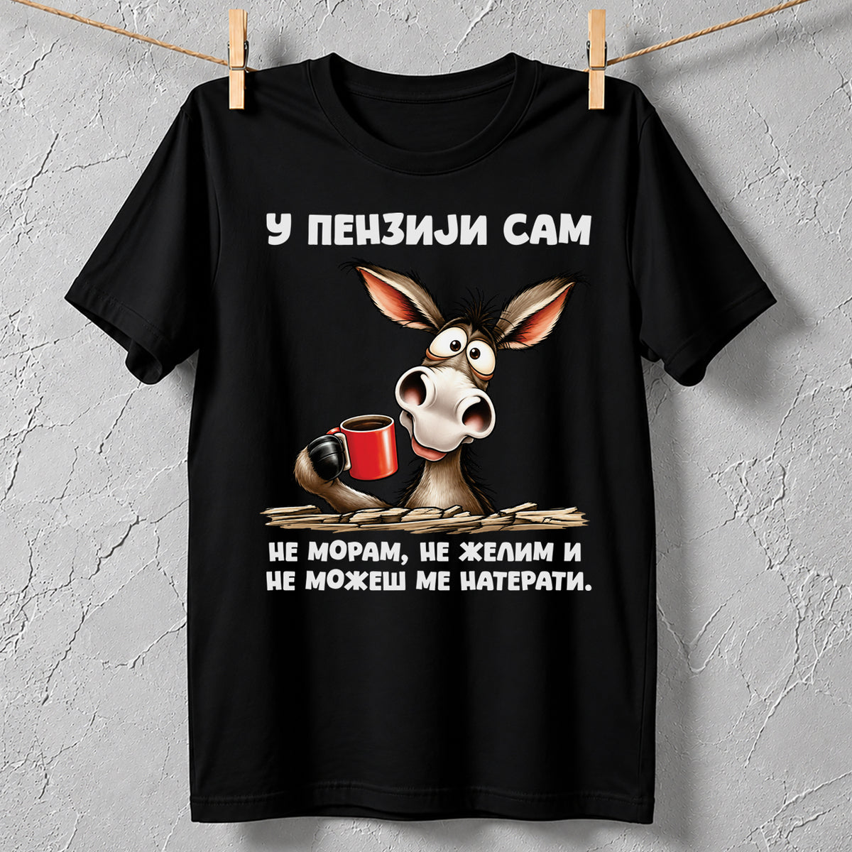 Crna majica za penzionere sa smešnim magarcem i natpisom Ne moram, ne želim i ne možeš me naterati
